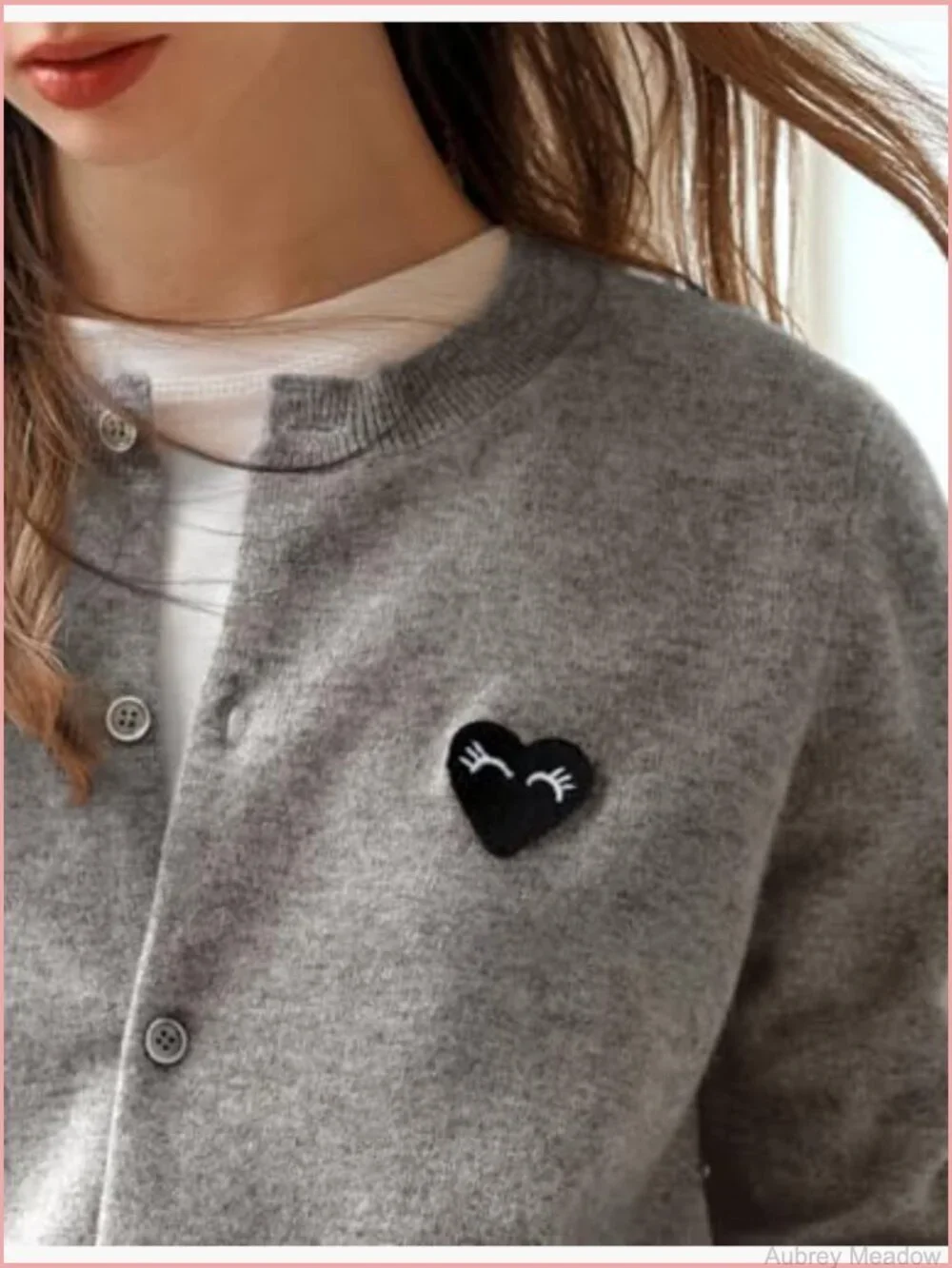 Crew Neck Button Up Cropped Cardigan with Heart Patch